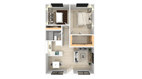 Floor plan for 2 beds, 1 bath, 864 sqft